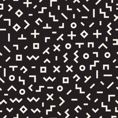 Geometrik şekiller dağınık. Memphis tarzı ile esin kaynağı oldu. Arka plan tasarım. Vektör sorunsuz siyah ve beyaz düzensiz.