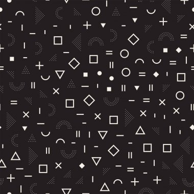 Geometrik şekiller dağınık. Memphis tarzı ile esin kaynağı oldu. Arka plan tasarım. Vektör sorunsuz siyah ve beyaz düzensiz.