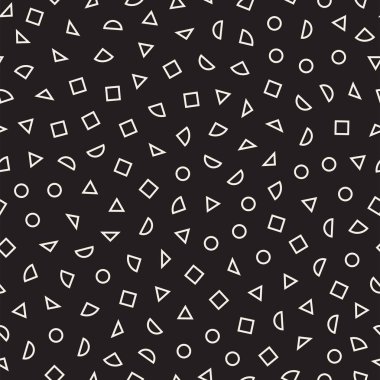 Geometrik şekiller dağınık. Memphis tarzı ile esin kaynağı oldu. Arka plan tasarım. Vektör sorunsuz siyah ve beyaz düzensiz.