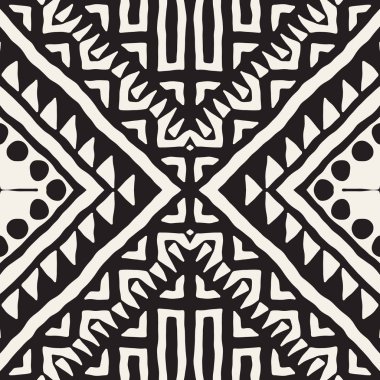 Siyah ve beyaz kabile vektör doodle elemanları ile seamless modeli. Aztek sanat baskı. Etnik süs el çekilmiş zemin.