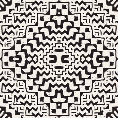 Siyah ve beyaz kabile vektör doodle elemanları ile seamless modeli. Aztek sanat baskı. Etnik süs el çekilmiş zemin.