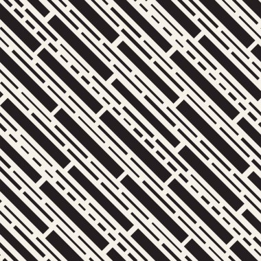 Siyah ve beyaz düzensiz kesik çizgiler desen. Modern soyut vektör sorunsuz arka plan. Kaotik dikdörtgen çizgili Mozaik