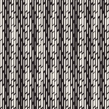 Siyah ve beyaz düzensiz kesik çizgiler desen. Modern soyut vektör sorunsuz arka plan. Kaotik dikdörtgen çizgili Mozaik