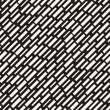 Siyah ve beyaz düzensiz kesik çizgiler desen. Modern soyut vektör sorunsuz arka plan. Kaotik dikdörtgen çizgili Mozaik