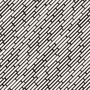 Siyah ve beyaz düzensiz kesik çizgiler desen. Modern soyut vektör sorunsuz arka plan. Kaotik dikdörtgen çizgili Mozaik