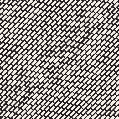 Siyah ve beyaz düzensiz kesik çizgiler desen. Modern soyut vektör sorunsuz arka plan. Kaotik dikdörtgen çizgili Mozaik