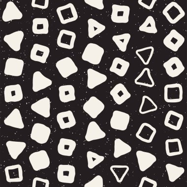 El çekilmiş siyah beyaz mürekkep soyut seamless modeli. Vektör şık grunge doku. Tek renkli şekiller boya fırça satırları dağınık