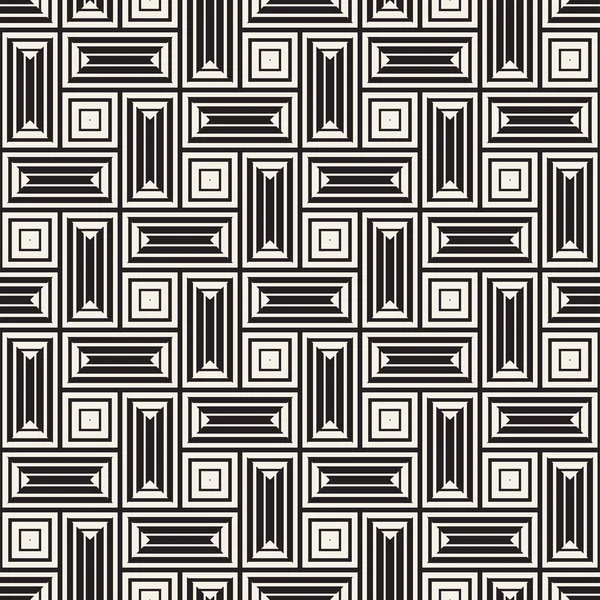 矢量无缝黑色和白色线条图案抽象背景。十字形状几何拼接装饰. — 图库矢量图片