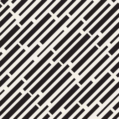 Siyah ve beyaz düzensiz kesik çizgiler desen. Modern soyut vektör sorunsuz arka plan. Kaotik dikdörtgen çizgili Mozaik