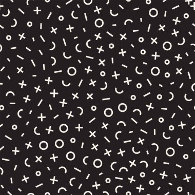 Retro geometrik çizgi kesintisiz desenleri şekillendiriyor. Soyut karmakarışık dokular. Siyah ve beyaz şekiller dağınık