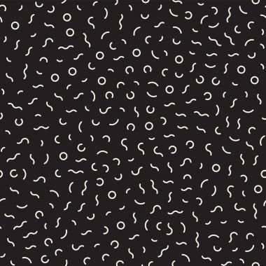 Geometrik şekiller dağınık. Memphis tarzı ile esin kaynağı oldu. Arka plan tasarım. Vektör sorunsuz siyah ve beyaz düzensiz.