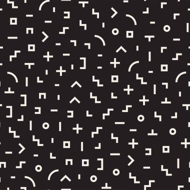 Geometrik şekiller dağınık. Memphis tarzı ile esin kaynağı oldu. Arka plan tasarım. Vektör sorunsuz siyah ve beyaz düzensiz.