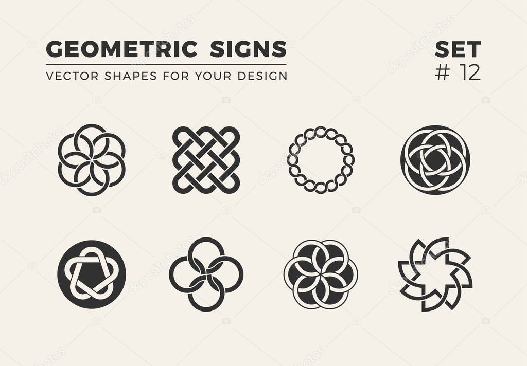 Set of eight minimalistic trendy shapes. Stylish vector logo emblems for Your design. Simple creative geometric signs collection.