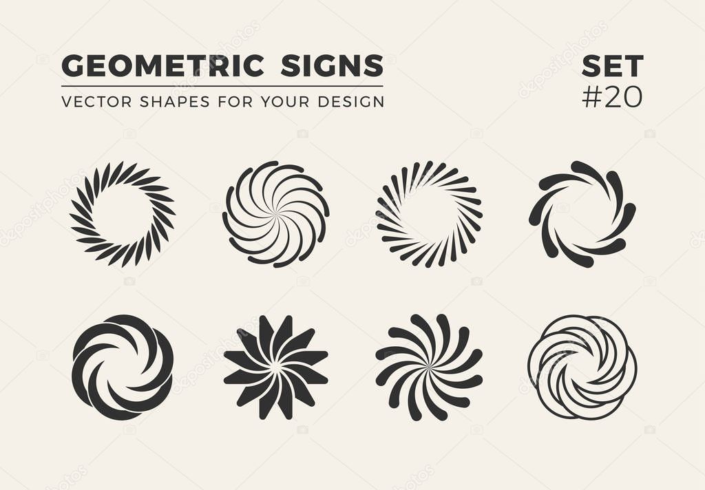 Set of eight minimalistic trendy shapes. Stylish vector logo emblems for Your design. Simple creative geometric signs collection.