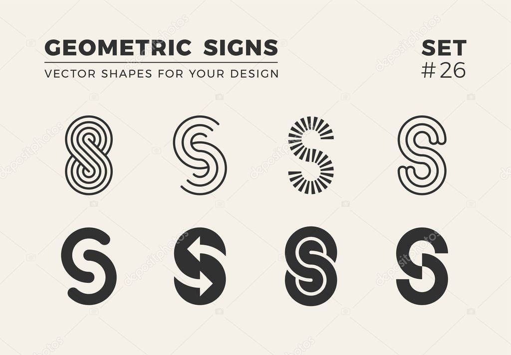 Set of eight minimalistic trendy shapes. Stylish vector logo emblems for Your design. Simple creative geometric signs collection.
