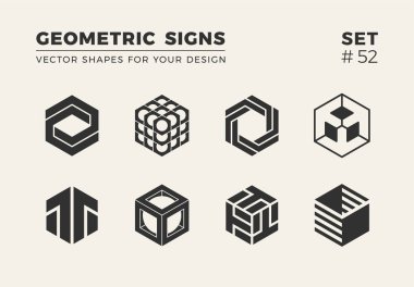 Sekiz minimalist trendy şekiller kümesi. Şık vektör logo amblem tasarımınız için. Basit yaratıcı geometrik işaretleri koleksiyonu.