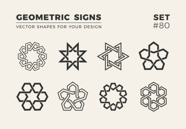 Sekiz minimalist trendy şekiller kümesi. Şık vektör logo amblem tasarımınız için. Basit yaratıcı geometrik işaretleri koleksiyonu.