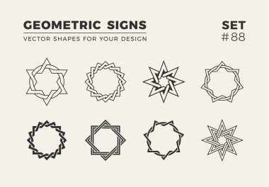 Sekiz minimalist trendy şekiller kümesi. Şık vektör logo amblem tasarımınız için. Basit yaratıcı geometrik işaretleri koleksiyonu.