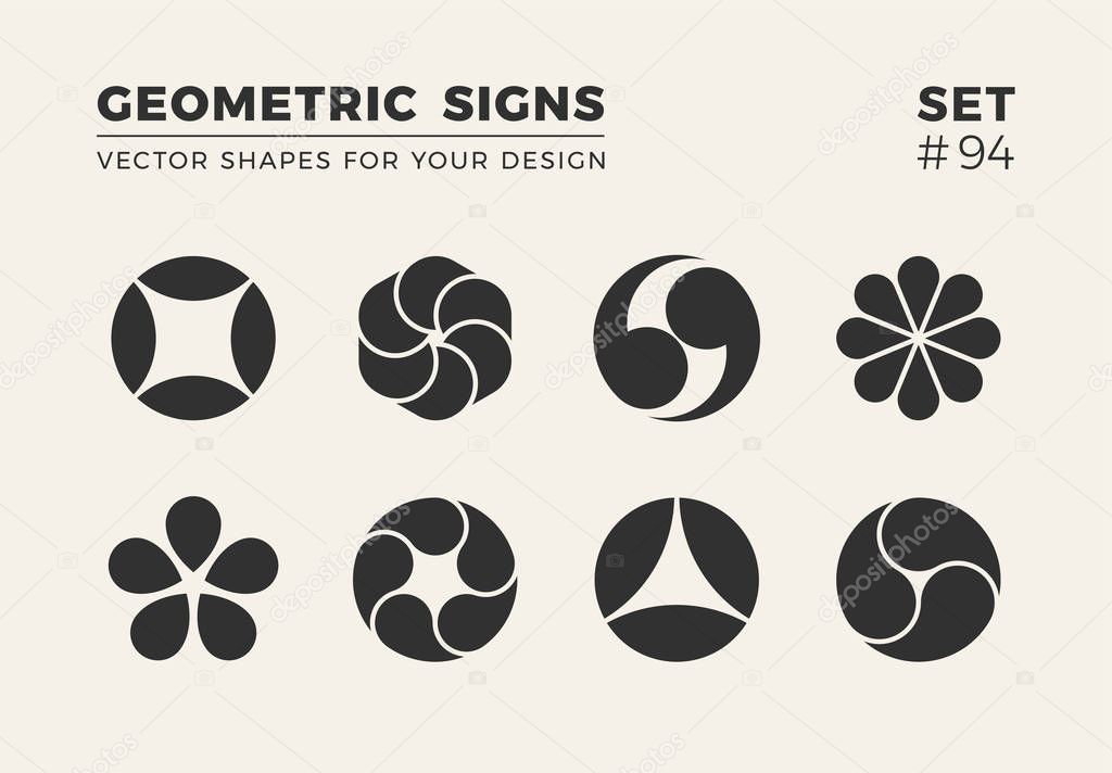 Set of eight minimalistic trendy shapes. Stylish vector logo emblems for Your design. Simple creative geometric signs collection.