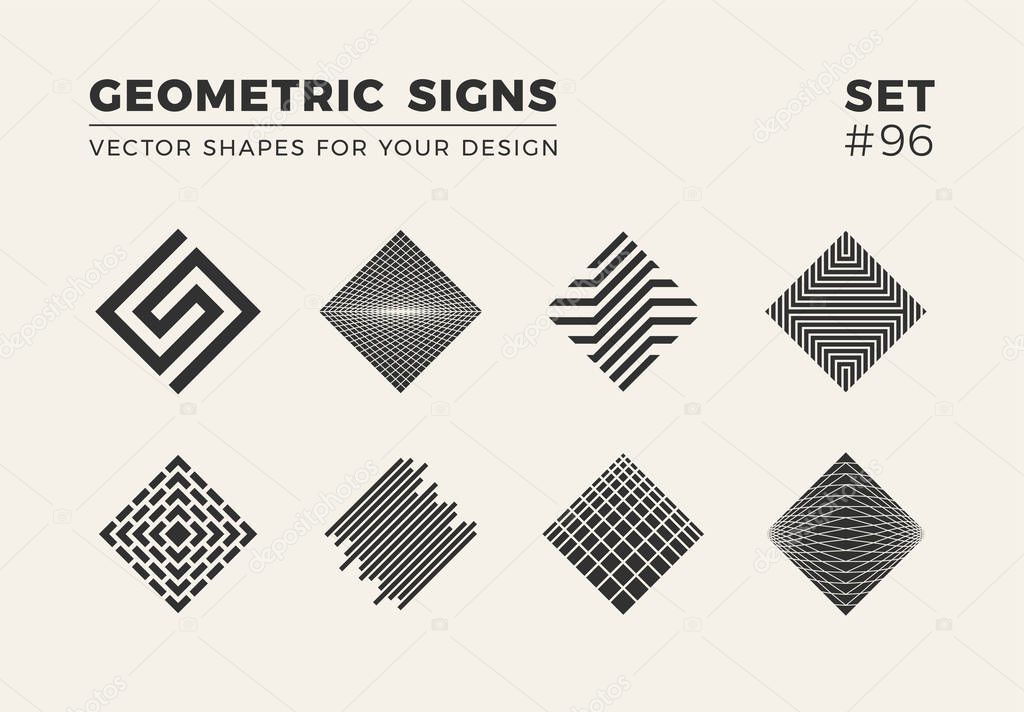 Set of eight minimalistic trendy shapes. Stylish vector logo emblems for Your design. Simple creative geometric signs collection.