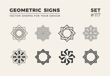Sekiz minimalist trendy şekiller kümesi. Şık vektör logo amblem tasarımınız için. Basit yaratıcı geometrik işaretleri koleksiyonu.