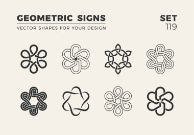 Sekiz minimalist trendy şekiller kümesi. Şık vektör logo amblem tasarımınız için. Basit yaratıcı geometrik işaretleri koleksiyonu.