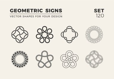 Sekiz minimalist trendy şekiller kümesi. Şık vektör logo amblem tasarımınız için. Basit yaratıcı geometrik işaretleri koleksiyonu.