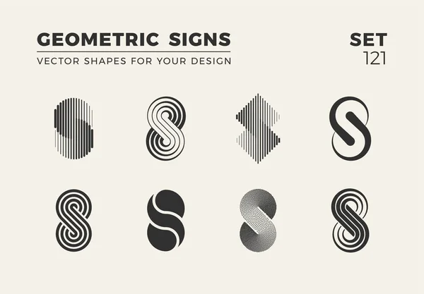Sekiz minimalist trendy şekiller kümesi. Şık vektör logo amblem tasarımınız için. Basit yaratıcı geometrik işaretleri koleksiyonu.