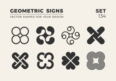 Sekiz minimalist trendy şekiller kümesi. Şık vektör logo amblem tasarımınız için. Basit yaratıcı geometrik işaretleri koleksiyonu.