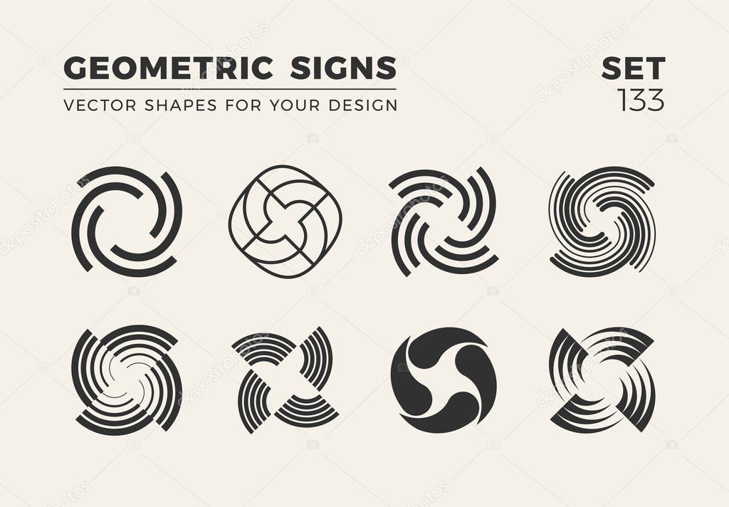 Set of eight minimalistic trendy shapes. Stylish vector logo emblems for Your design. Simple creative geometric signs collection.