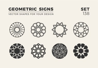 Sekiz minimalist trendy şekiller kümesi. Şık vektör logo amblem tasarımınız için. Basit yaratıcı geometrik işaretleri koleksiyonu.