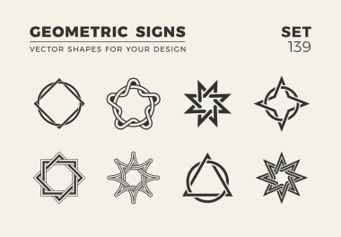 Sekiz minimalist trendy şekiller kümesi. Şık vektör logo amblem tasarımınız için. Basit yaratıcı geometrik işaretleri koleksiyonu.