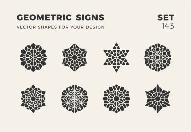 Sekiz minimalist trendy şekiller kümesi. Şık vektör logo amblem tasarımınız için. Basit yaratıcı geometrik işaretleri koleksiyonu.