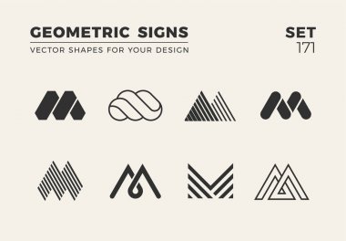 Sekiz minimalist trendy şekiller kümesi. Şık vektör logo amblem tasarımınız için. Basit yaratıcı geometrik işaretleri koleksiyonu.