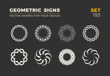 Sekiz minimalist trendy şekiller kümesi. Şık vektör logo amblem tasarımınız için. Basit geometrik işaretleri koleksiyonu.