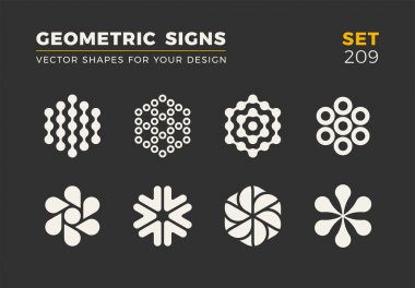 Sekiz minimalist trendy şekiller kümesi. Şık vektör logo amblem tasarımınız için. Basit geometrik işaretleri koleksiyonu.