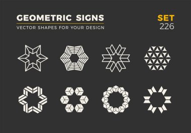 Sekiz minimalist trendy şekiller kümesi. Şık vektör logo amblem tasarımınız için. Basit evrensel geometrik işaretleri koleksiyonu.