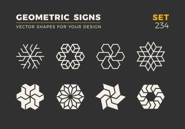 Sekiz minimalist trendy şekiller kümesi. Şık vektör logo amblem tasarımınız için. Basit evrensel geometrik işaretleri koleksiyonu.