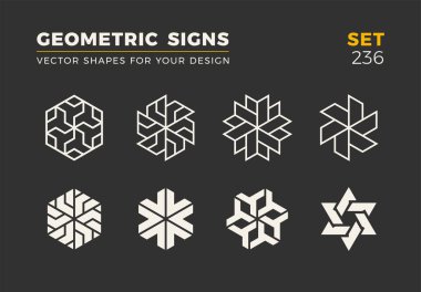 Sekiz minimalist trendy şekiller kümesi. Şık vektör logo amblem tasarımınız için. Basit evrensel geometrik işaretleri koleksiyonu.