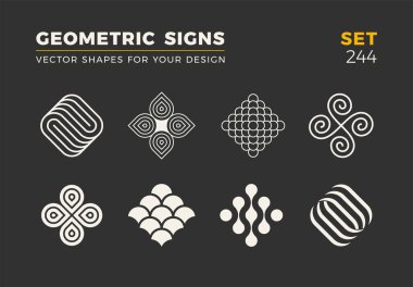 Sekiz minimalist trendy şekiller kümesi. Şık vektör logo amblem tasarımınız için. Basit evrensel geometrik işaretleri koleksiyonu.