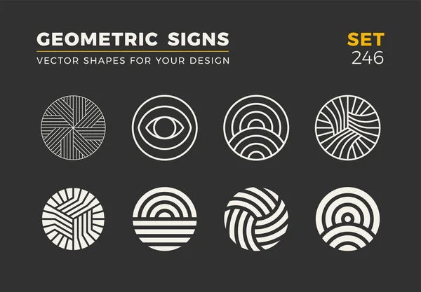 Sekiz minimalist trendy şekiller kümesi. Şık vektör logo amblem tasarımınız için. Basit evrensel geometrik işaretleri koleksiyonu.
