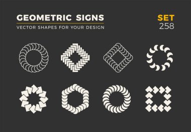 Sekiz minimalist trendy şekiller kümesi. Şık vektör logo amblem tasarımınız için. Basit evrensel geometrik işaretleri koleksiyonu.