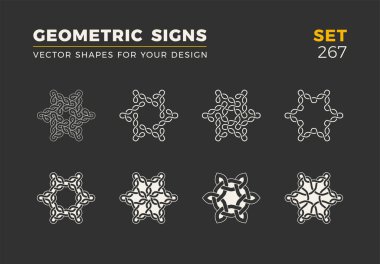 Sekiz minimalist trendy şekiller kümesi. Şık vektör logo amblem tasarımınız için. Basit evrensel geometrik işaretleri koleksiyonu.