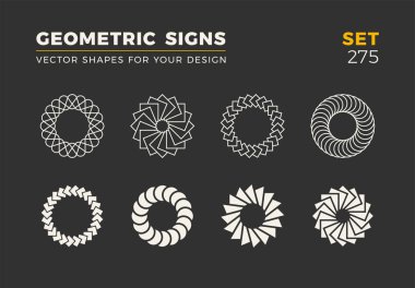 Sekiz minimalist trendy şekiller kümesi. Şık vektör logo amblem tasarımınız için. Basit evrensel geometrik işaretleri koleksiyonu.