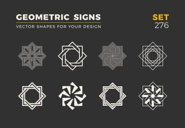 Sekiz minimalist trendy şekiller kümesi. Şık vektör logo amblem tasarımınız için. Basit evrensel geometrik işaretleri koleksiyonu.