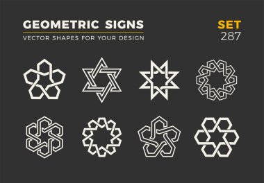 Sekiz minimalist trendy şekiller kümesi. Şık vektör logo amblem tasarımınız için. Basit evrensel geometrik işaretleri koleksiyonu.