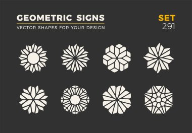 Sekiz minimalist trendy şekiller kümesi. Şık vektör logo amblem tasarımınız için. Basit evrensel geometrik işaretleri koleksiyonu.