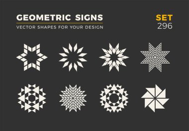 Sekiz minimalist trendy şekiller kümesi. Şık vektör logo amblem tasarımınız için. Basit evrensel geometrik işaretleri koleksiyonu.