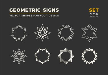 Sekiz minimalist trendy şekiller kümesi. Şık vektör logo amblem tasarımınız için. Basit evrensel geometrik işaretleri koleksiyonu.