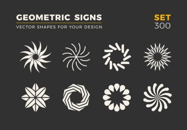Sekiz minimalist trendy şekiller kümesi. Şık vektör logo amblem tasarımınız için. Basit evrensel geometrik işaretleri koleksiyonu.
